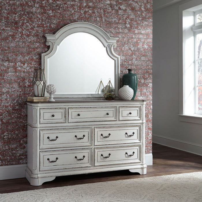 Magnolia Manor King California Upholstered Sleigh Bed, Dresser & Mirror, Night Stand