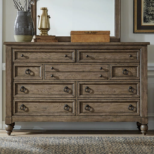 Liberty Furniture Americana Farmhouse 9 Drawer Dresser in Dusty Taupe and Black image