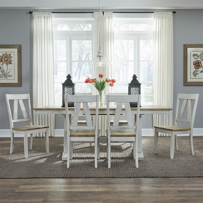 Liberty Furniture Lindsey Farm Trestle Dining Table in Weathered White & Sandstone