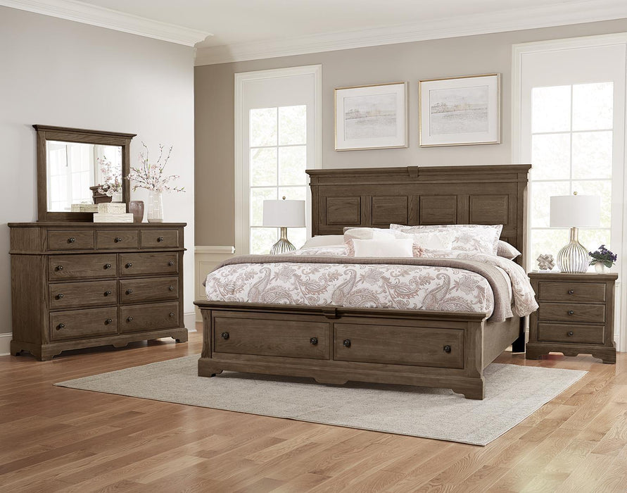 Vaughan-Bassett Heritage King Mansion Bed with Storage Footboard in Cobblestone Oak