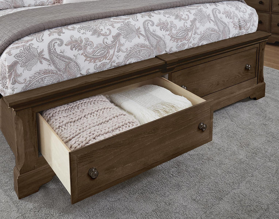 Vaughan-Bassett Heritage King Mansion Bed with Storage Footboard in Cobblestone Oak