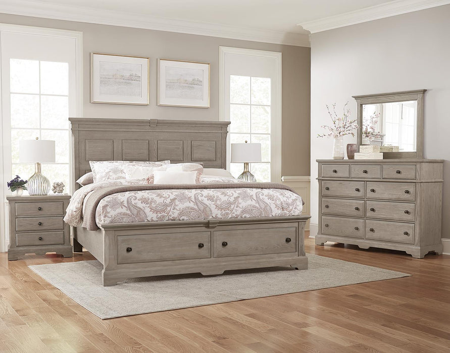 Vaughan-Bassett Heritage King Mansion Bed with Storage Footboard in Greystone